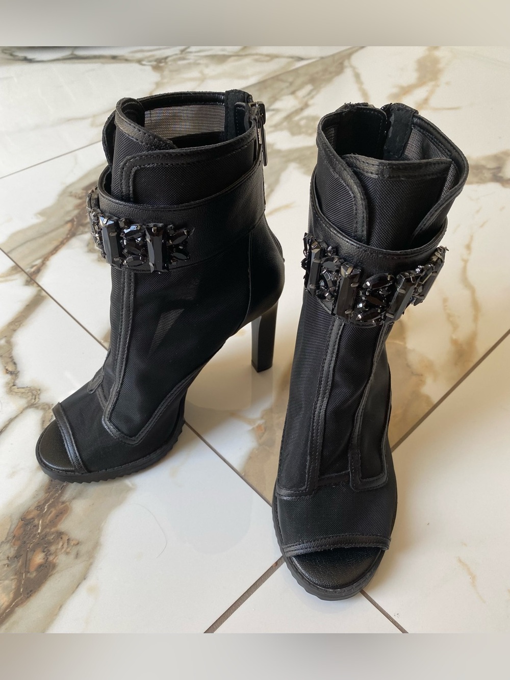 KARL LAGERFELD Blayze Peep Toe Black Embellished Heel Bootie Boot Size 6.5M